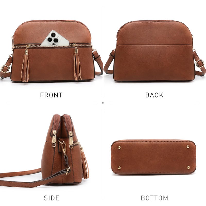 Dasein Women Tassel Zipper Pocket Crossbody Bag Shoulder Purse Fashion Travel Bag with Multi Pockets(1-Brown) - Image 3